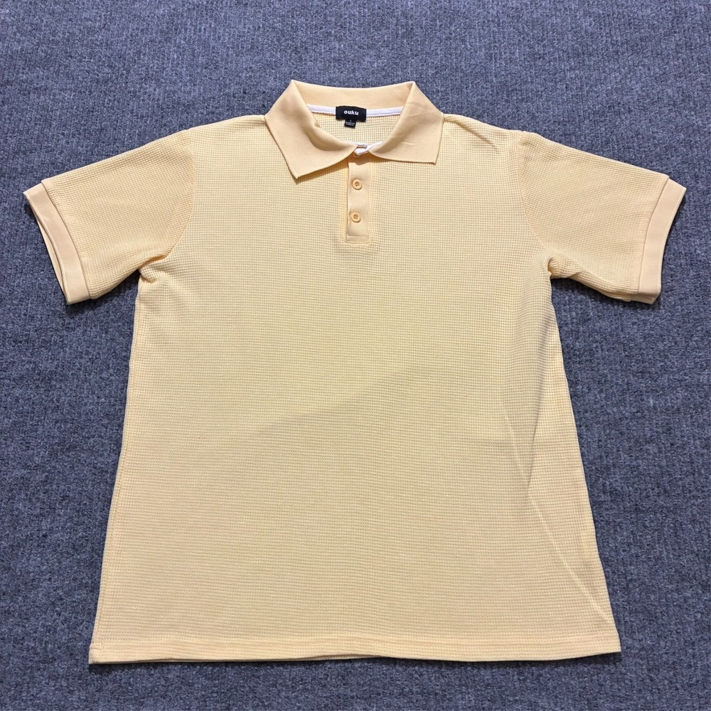 Ouku Mens‎ Polo Shirt Size Large Yellow Waffle Knit Lightweight Short Sleeve
